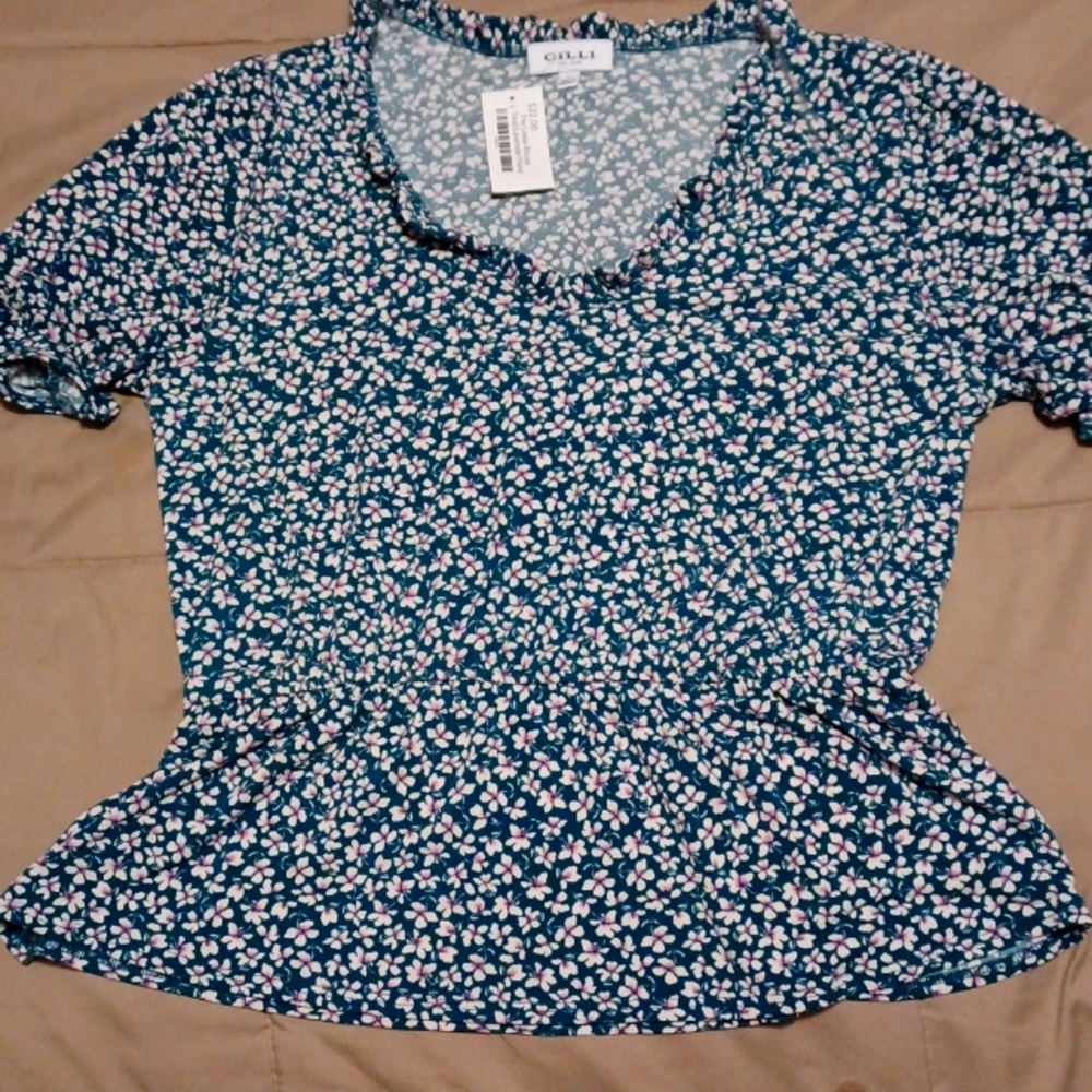 Green floral print elastic waistband top, L, nwt.